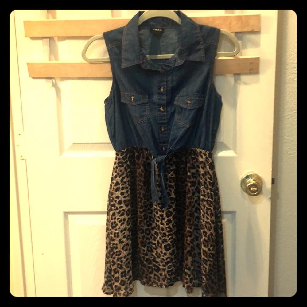 Collared Tank Dress with Leopard Skirt Denim Top